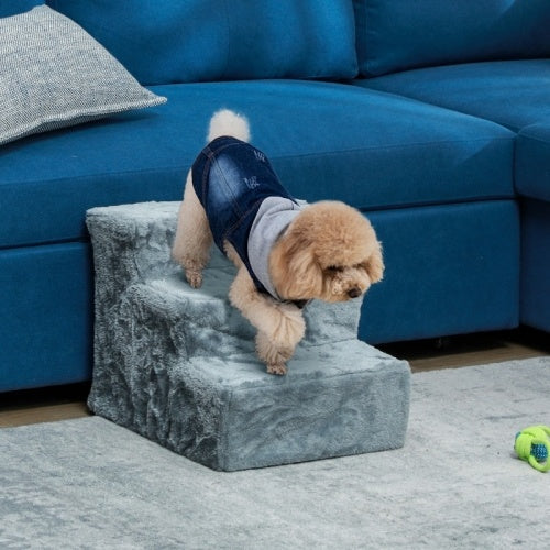 HKM-258003 Three-Step Dog Stairs with Washable Plush Cover for Small Pets, Light Grey