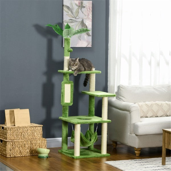 HKM-258131 Multi-Level Cat Climbing Tower with Sisal Rope, Anti-Tipping Design, Green & Beige, Stable Particle Board Construction