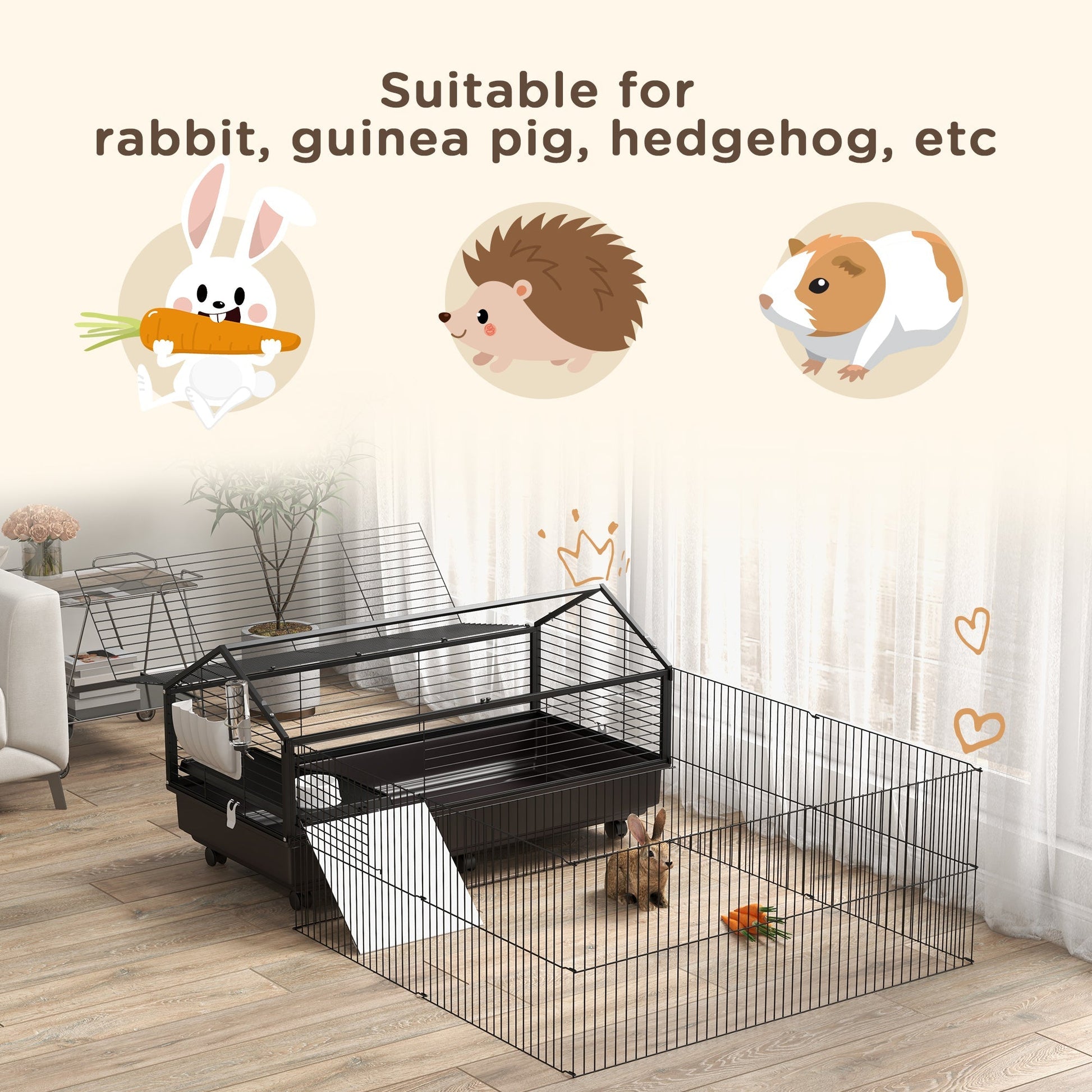 HKM-2581821 Large Rolling Playpen Cage for Small Animals with Water Bottle - 46.5"
