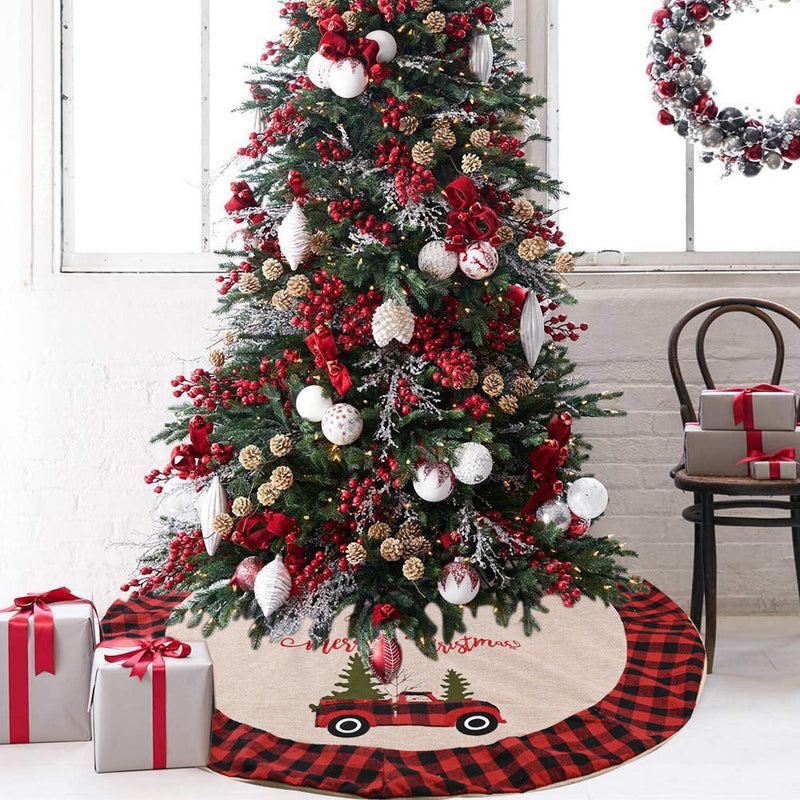 HKM-258259 Car-Themed Linen Christmas Tree Skirt, 120CM Holiday Decoration
