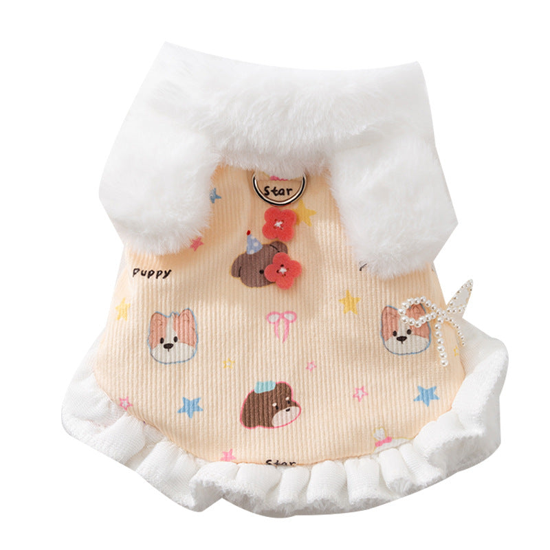HKM-2582717 Winter Fleece Teddy Dress with 3D Ears for Small Dogs and Cats, Hooded Soft Cotton Coat