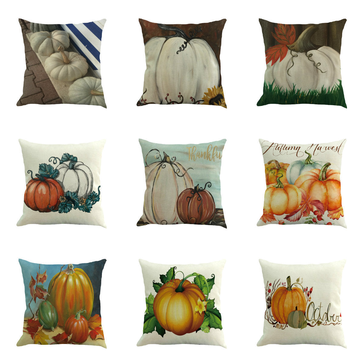 HKM-258323 Thanksgiving Plant and Flower Design Linen Cushion Cover 45x45cm