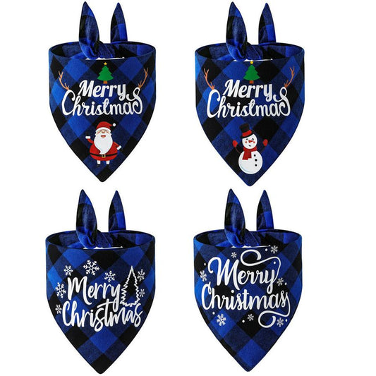 HKM-258387 Cotton Plaid Pet Triangle Scarf with Christmas Designs - Santa Claus & Snowman, Size L