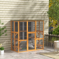 HKM-2587965 Spacious Outdoor Cat House with Six Ledges and Weather Protection, 71" L, Orange Wood Enclosure