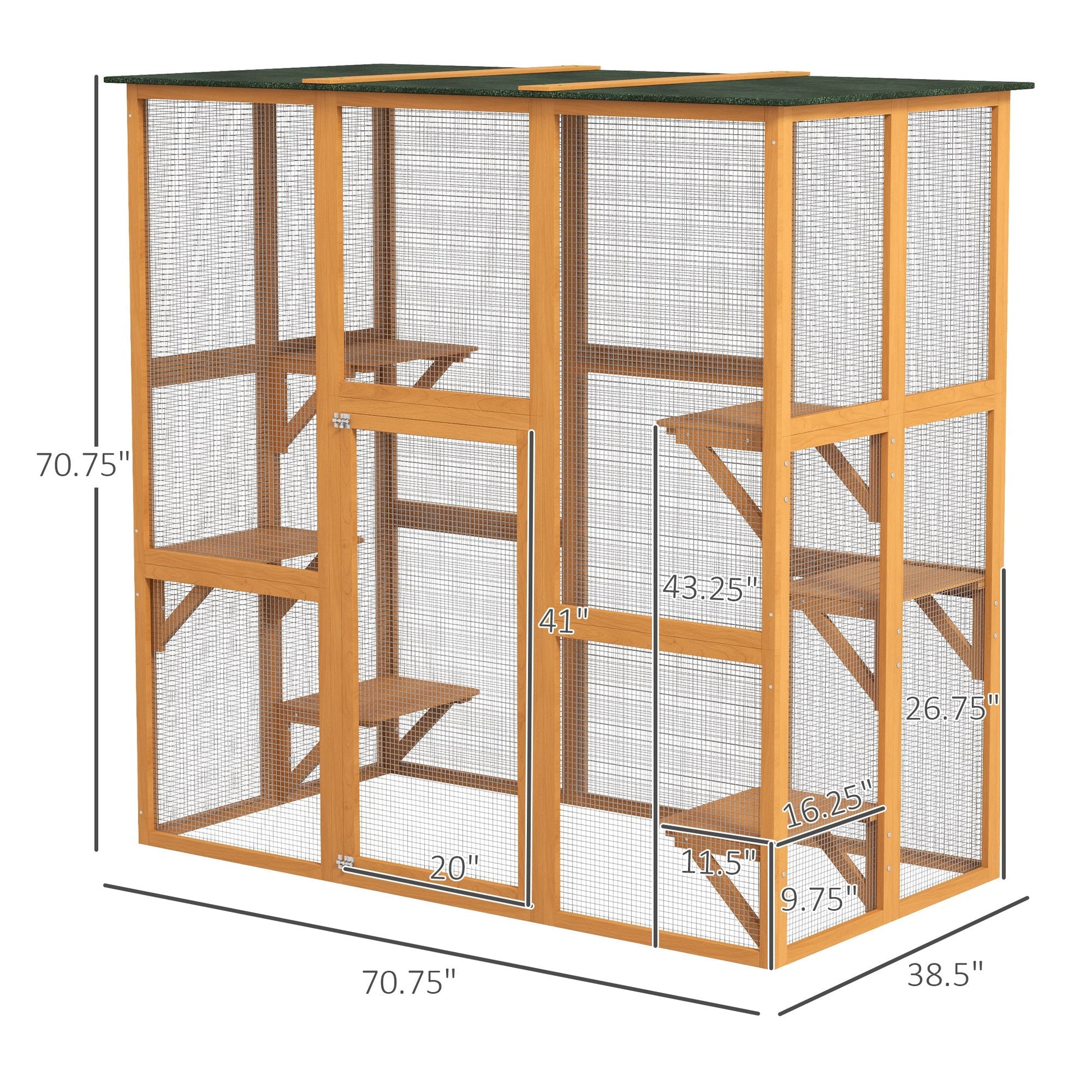 HKM-2587965 Spacious Outdoor Cat House with Six Ledges and Weather Protection, 71" L, Orange Wood Enclosure