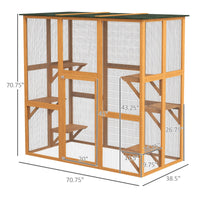 HKM-2587965 Spacious Outdoor Cat House with Six Ledges and Weather Protection, 71" L, Orange Wood Enclosure