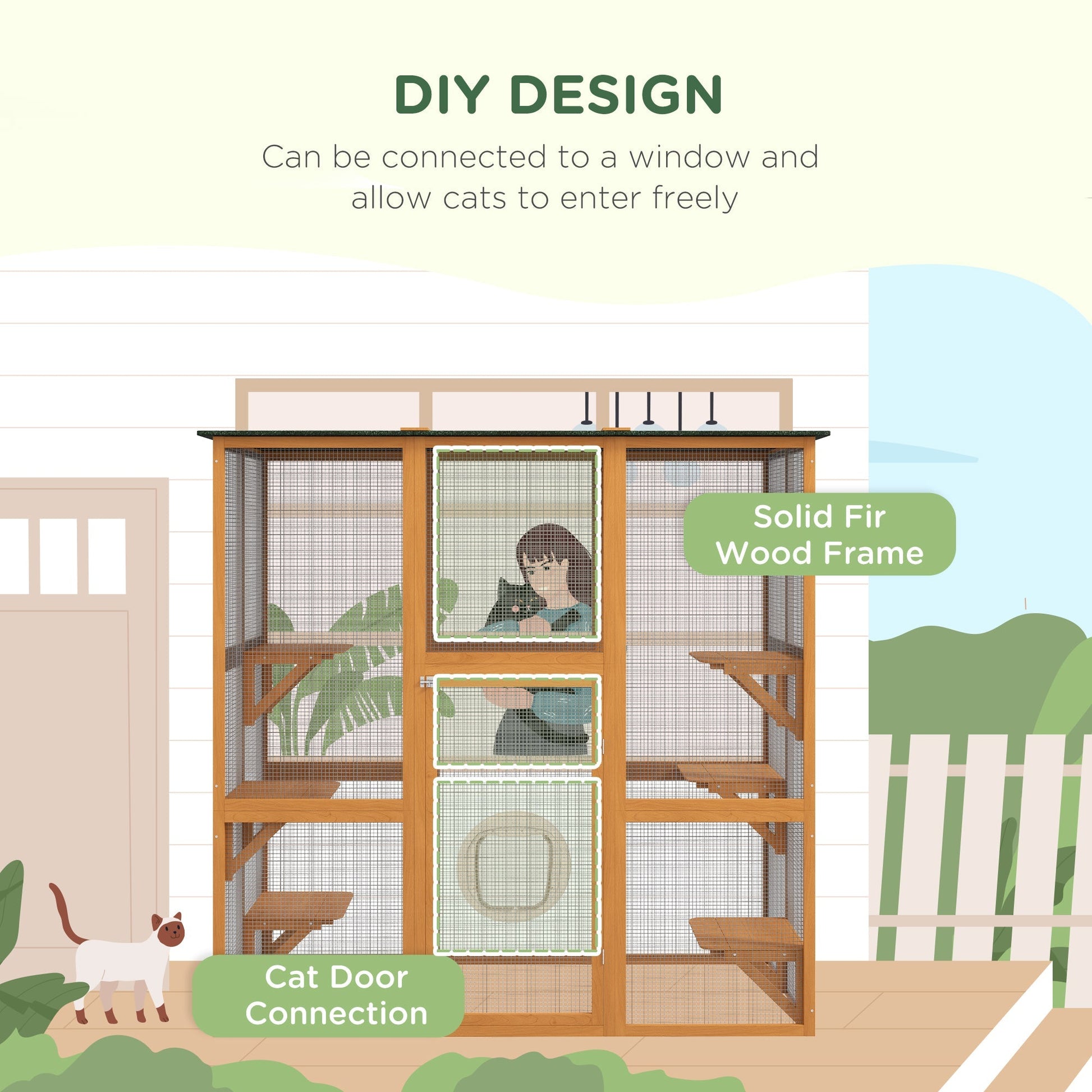 HKM-2587965 Spacious Outdoor Cat House with Six Ledges and Weather Protection, 71" L, Orange Wood Enclosure