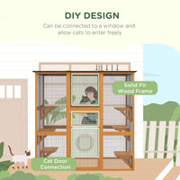 HKM-2587965 Spacious Outdoor Cat House with Six Ledges and Weather Protection, 71" L, Orange Wood Enclosure
