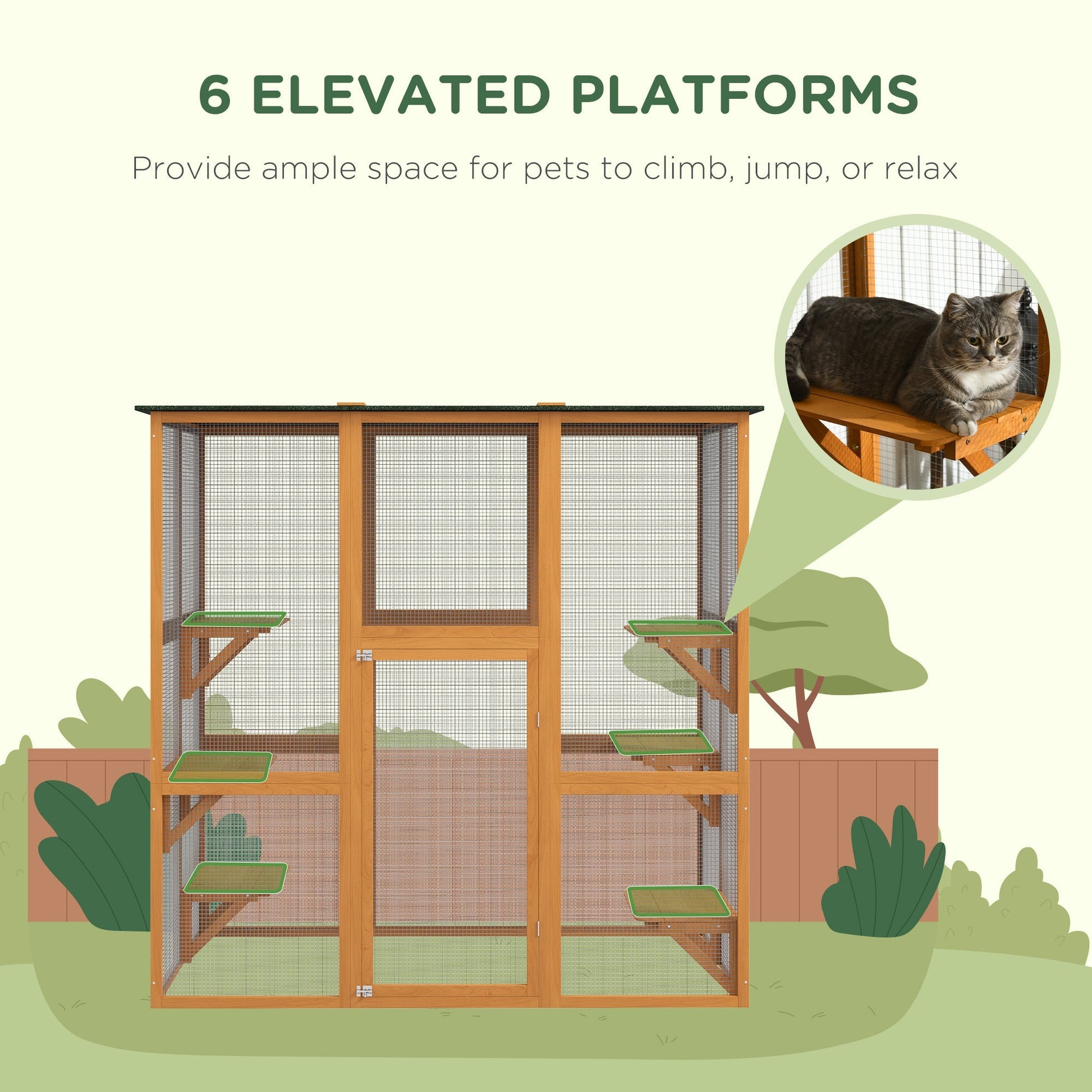 HKM-2587965 Spacious Outdoor Cat House with Six Ledges and Weather Protection, 71" L, Orange Wood Enclosure