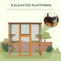 HKM-2587965 Spacious Outdoor Cat House with Six Ledges and Weather Protection, 71" L, Orange Wood Enclosure