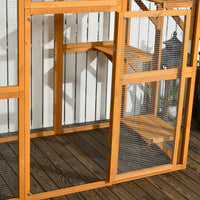 HKM-2587965 Spacious Outdoor Cat House with Six Ledges and Weather Protection, 71" L, Orange Wood Enclosure
