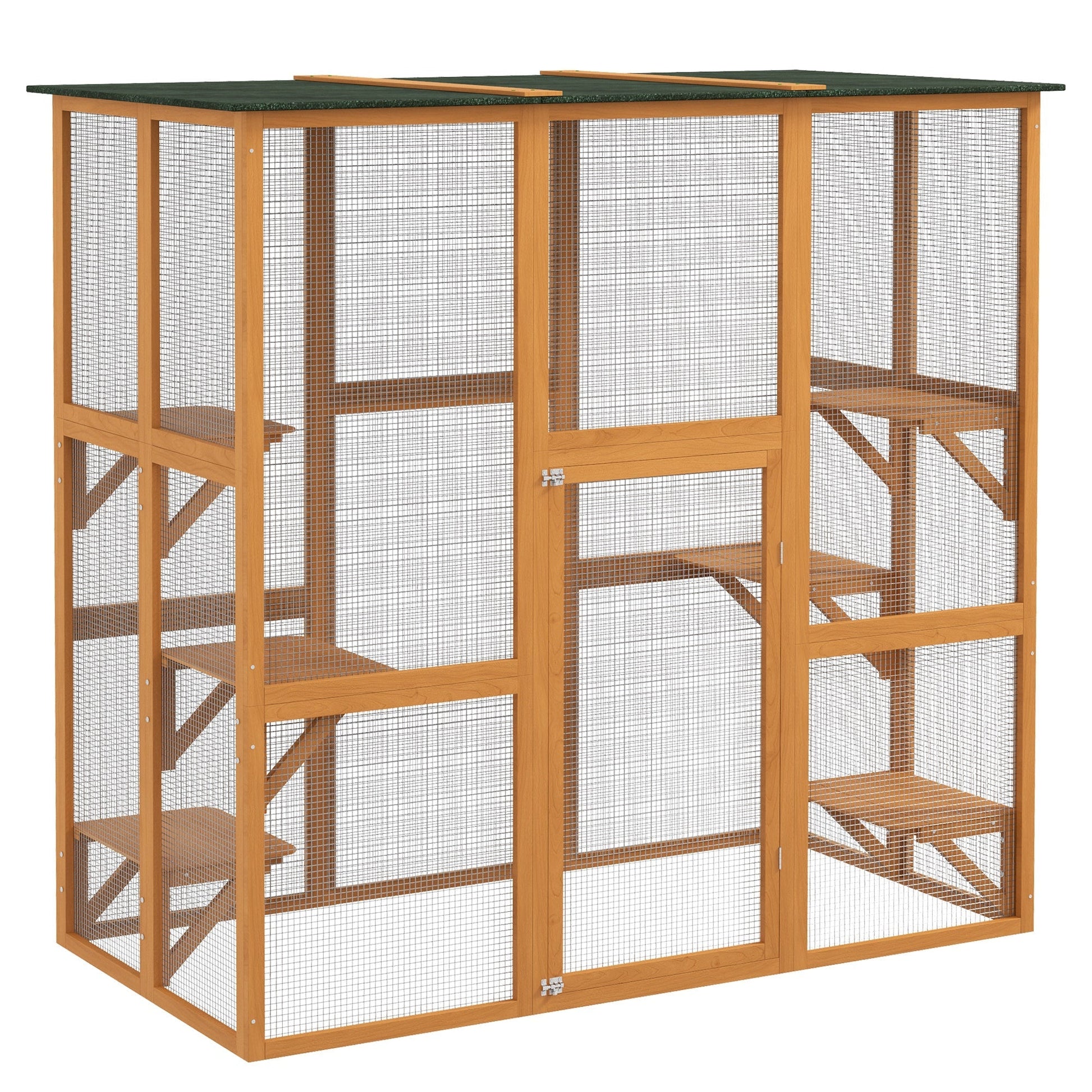 HKM-2587965 Spacious Outdoor Cat House with Six Ledges and Weather Protection, 71" L, Orange Wood Enclosure