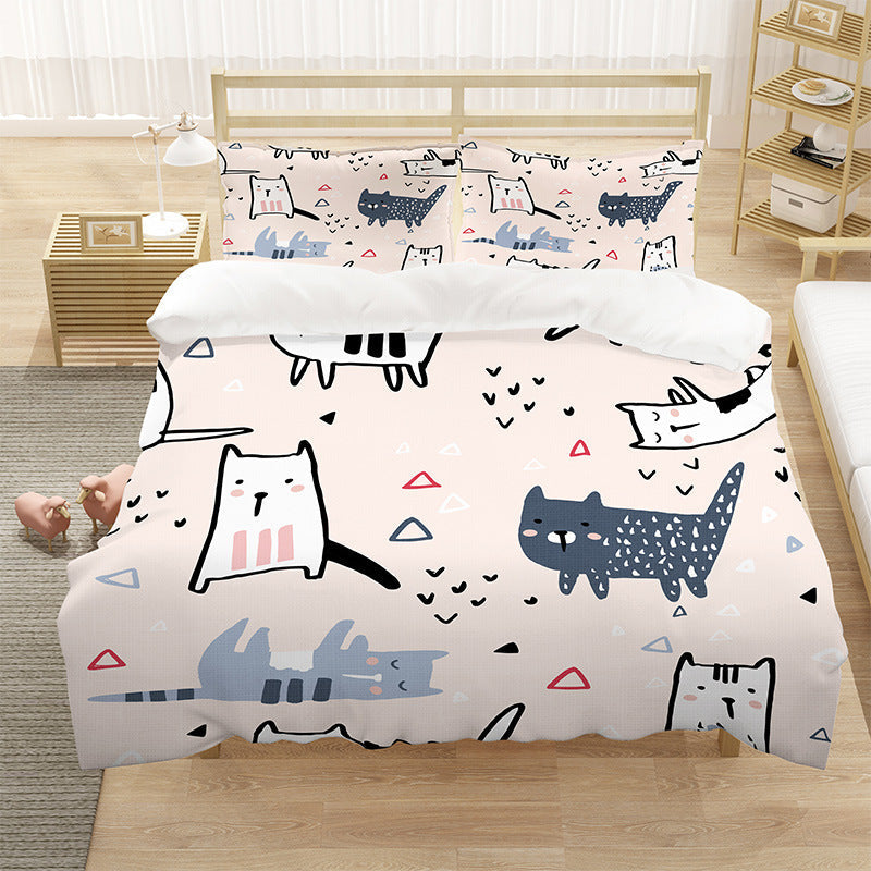 HKM-258963 Cartoon Cat Nordic Style Three-Piece Duvet Cover Set, Multiple Sizes Available