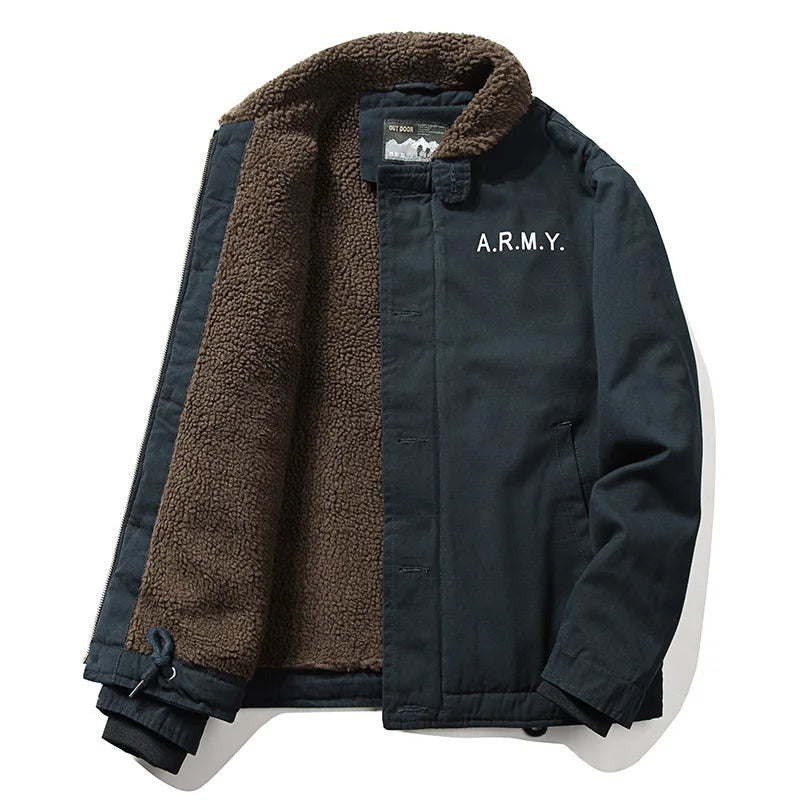 HKM-259027 Men's Winter Thickening Lamb Wool Cotton Coat With Hooded Velvet Collar Short Pilot Jacket Workwear Puffer Jacket