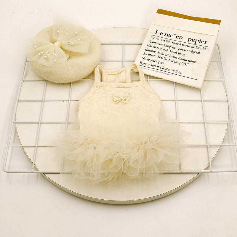 HKM-2590525 Elegant Apricot Pearl Pet Dress for Spring and Summer - Multiple Sizes Available
