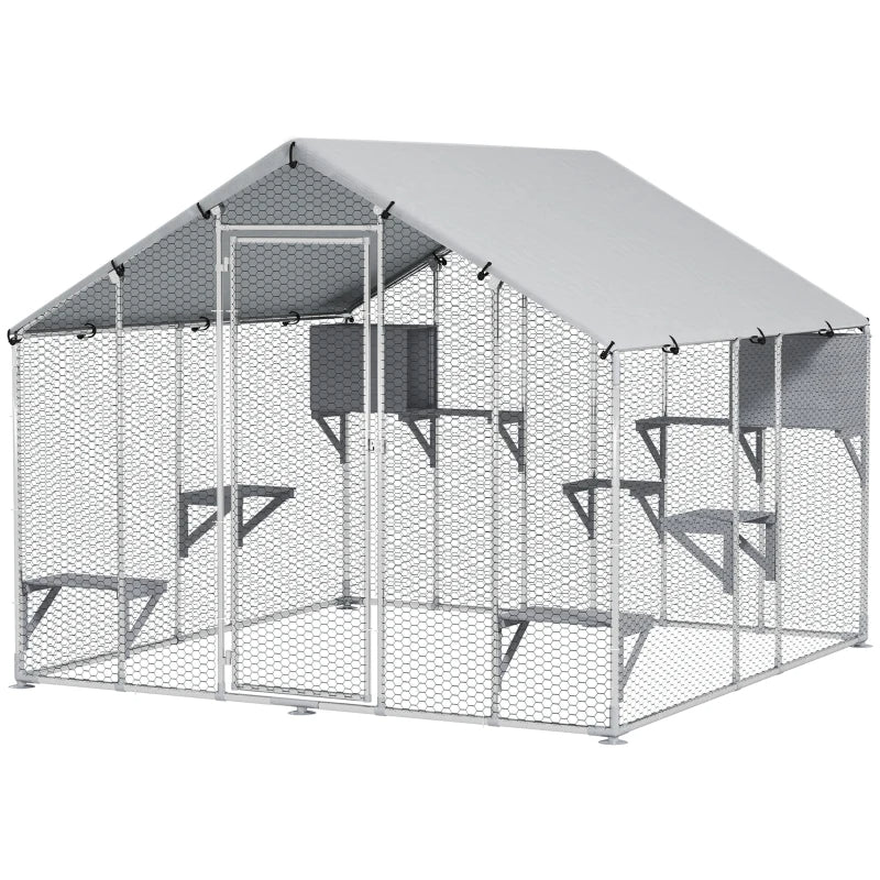 HKM-2595133 Outdoor Cat Enclosure with Waterproof Cover - Spacious 49 sq. ft, Weather-Resistant Design for Multiple Pets