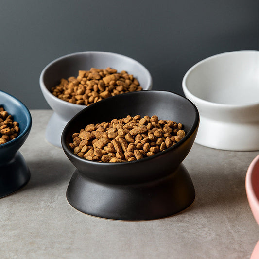 HKM-2595645 Ceramic Pet Bowl with High Foot and Oblique Mouth Design in Multiple Solid Colors