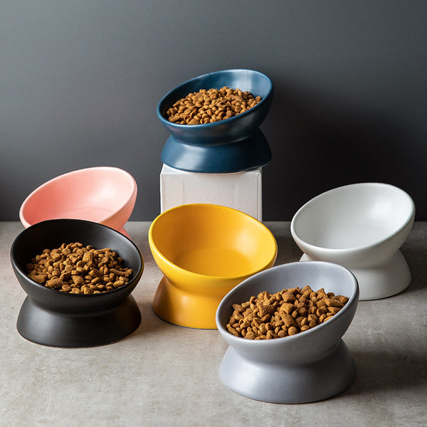 HKM-2595645 Ceramic Pet Bowl with High Foot and Oblique Mouth Design in Multiple Solid Colors