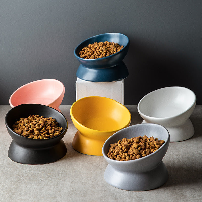 HKM-2595645 Ceramic Pet Bowl with High Foot and Oblique Mouth Design in Multiple Solid Colors