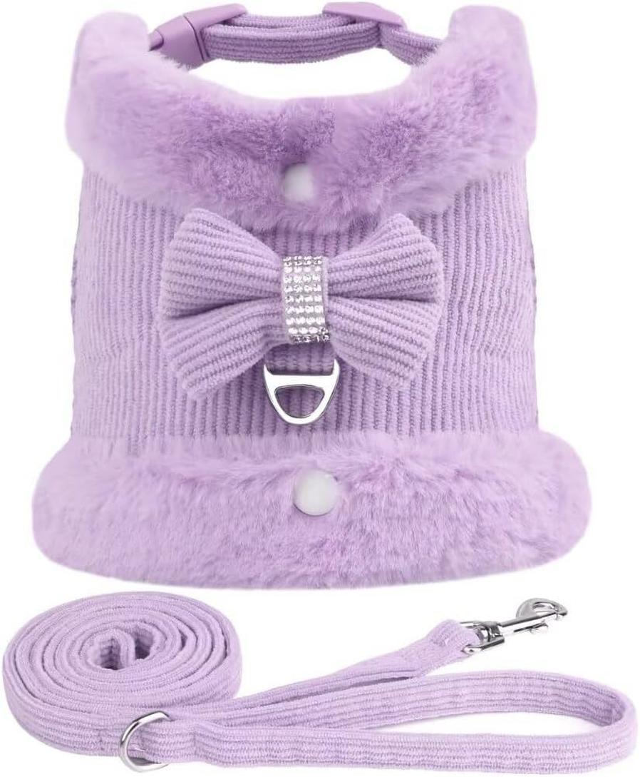 HKM-259667 Adjustable Small Dog Harness and Leash Set with Removable Fur Collar, Soft Padded Design, Quick Release Buckles, Includes Bow Tie, Perfect for Girls