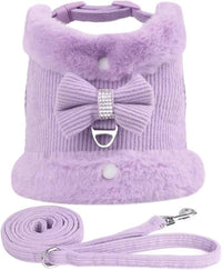 HKM-259667 Adjustable Small Dog Harness and Leash Set with Removable Fur Collar, Soft Padded Design, Quick Release Buckles, Includes Bow Tie, Perfect for Girls
