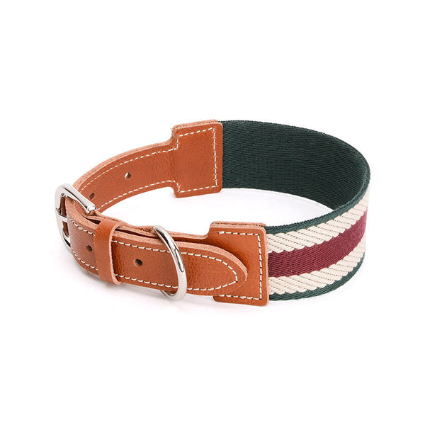 HKM-2599229 Adjustable Striped Pet Collar in Retro Colors - Braided Cowhide for All Dog Sizes