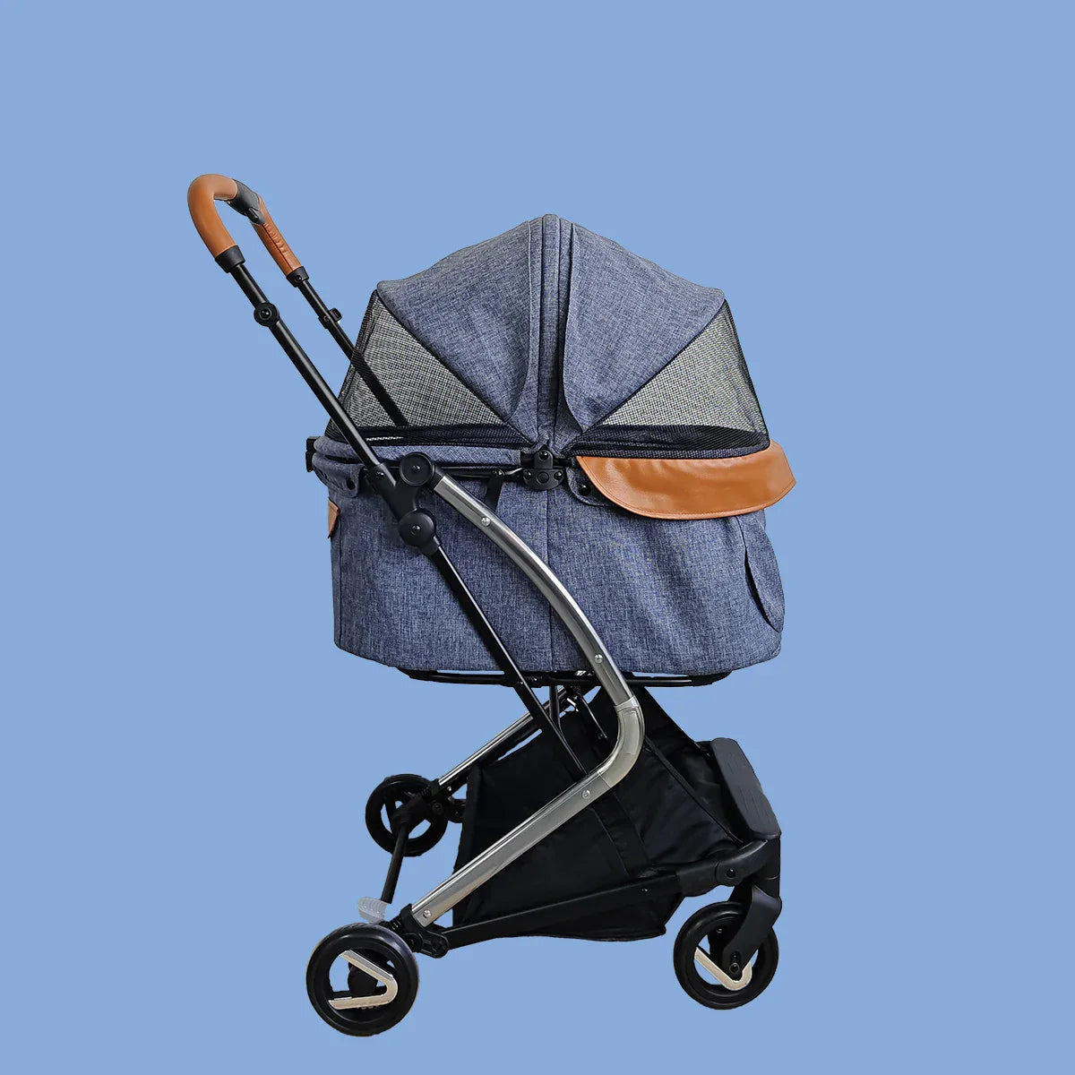 HKM-260307 Lightweight Aluminium 4-Wheel Pet Stroller with One-Click Fold, Comfortable Mesh Ventilation for Small Dogs and Cats