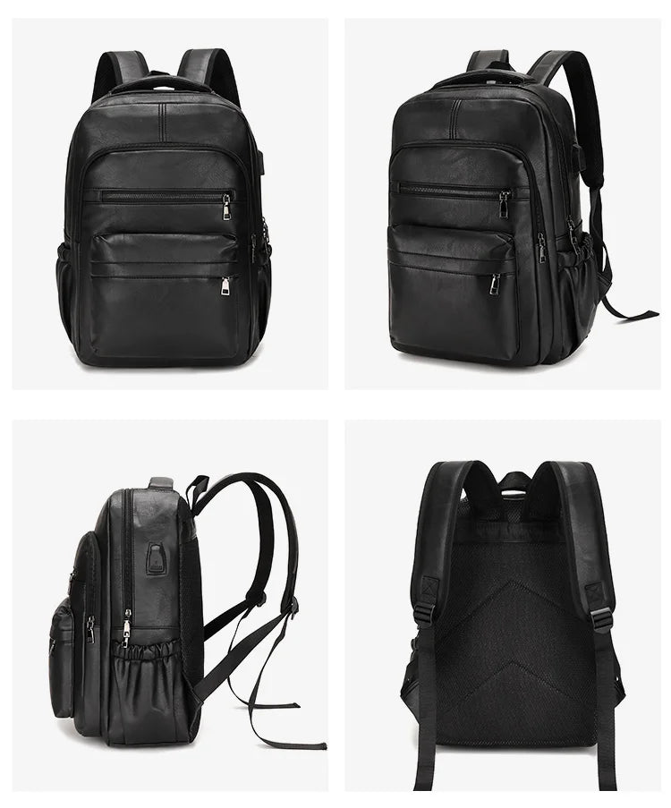 HKM-261011 Waterproof PU Leather Business Travel Laptop Backpack with USB Charging Port