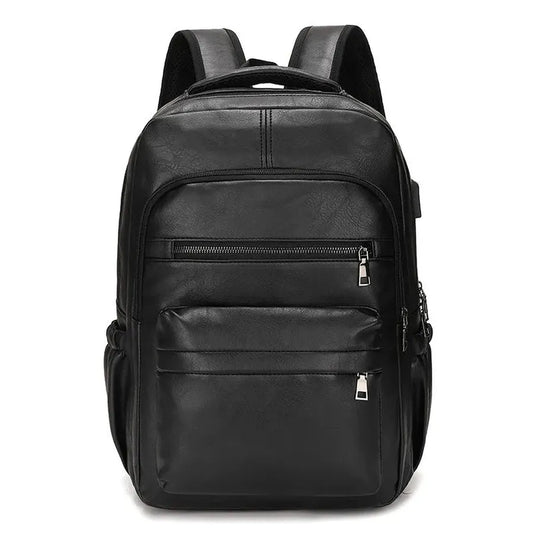 HKM-261011 Waterproof PU Leather Business Travel Laptop Backpack with USB Charging Port
