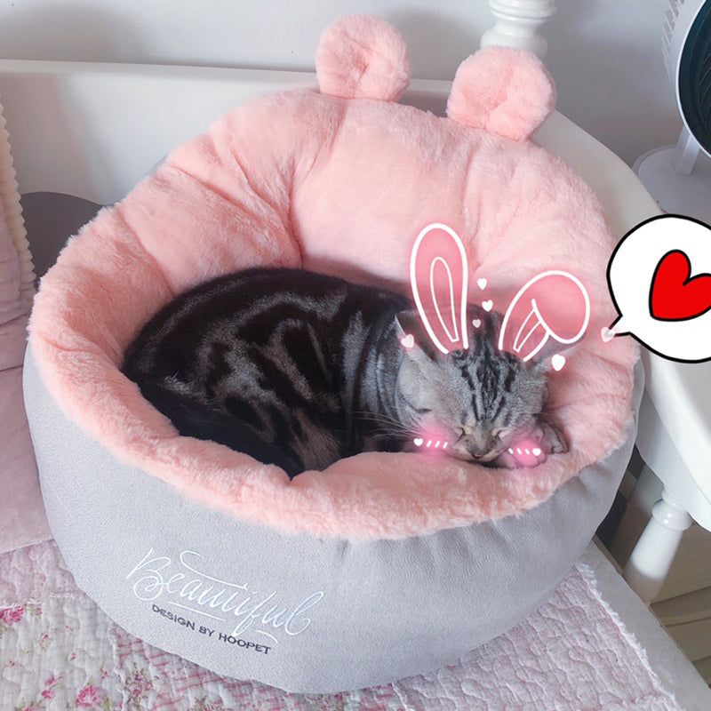 HKM-2614973 Plush Semi-Enclosed Cat Nest with Rabbit Ears - Warm and Cozy Design