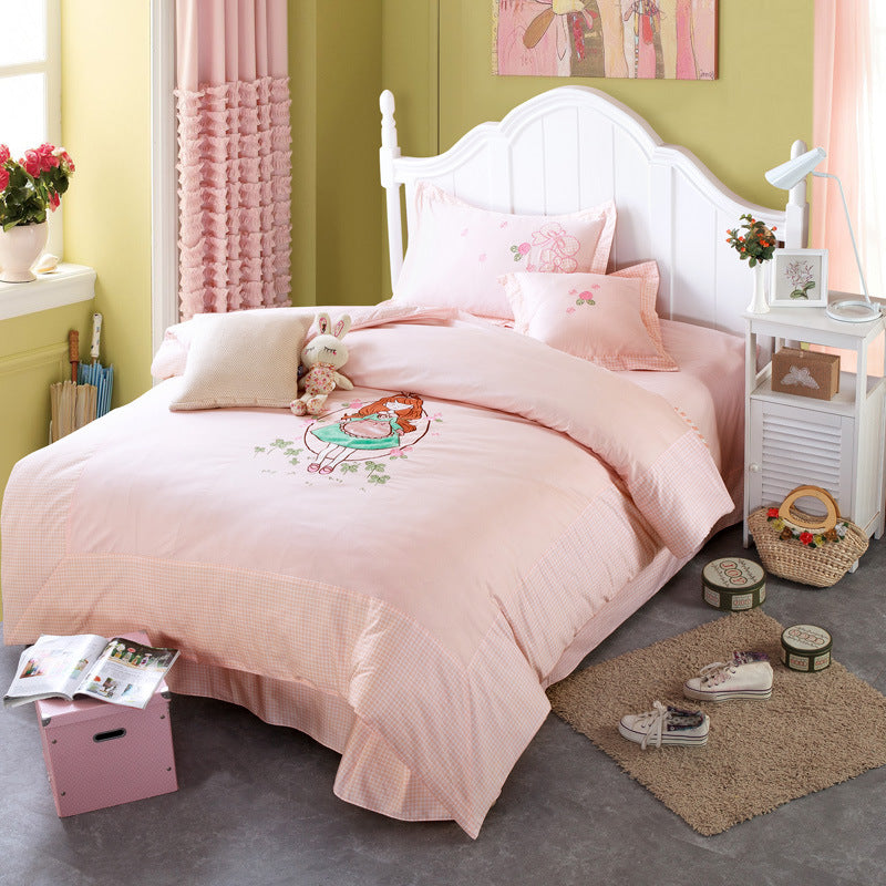 HKM-261715 Korean Cartoon Style Cotton Bedding Set for 1.5m Bed - Pure Cotton, Embroidered Design