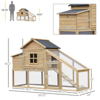 HKM-2620349 Wooden Chicken Coop with Ramp, Removable Tray, Ventilated Window, and Nesting Box - Natural Finish, 69"