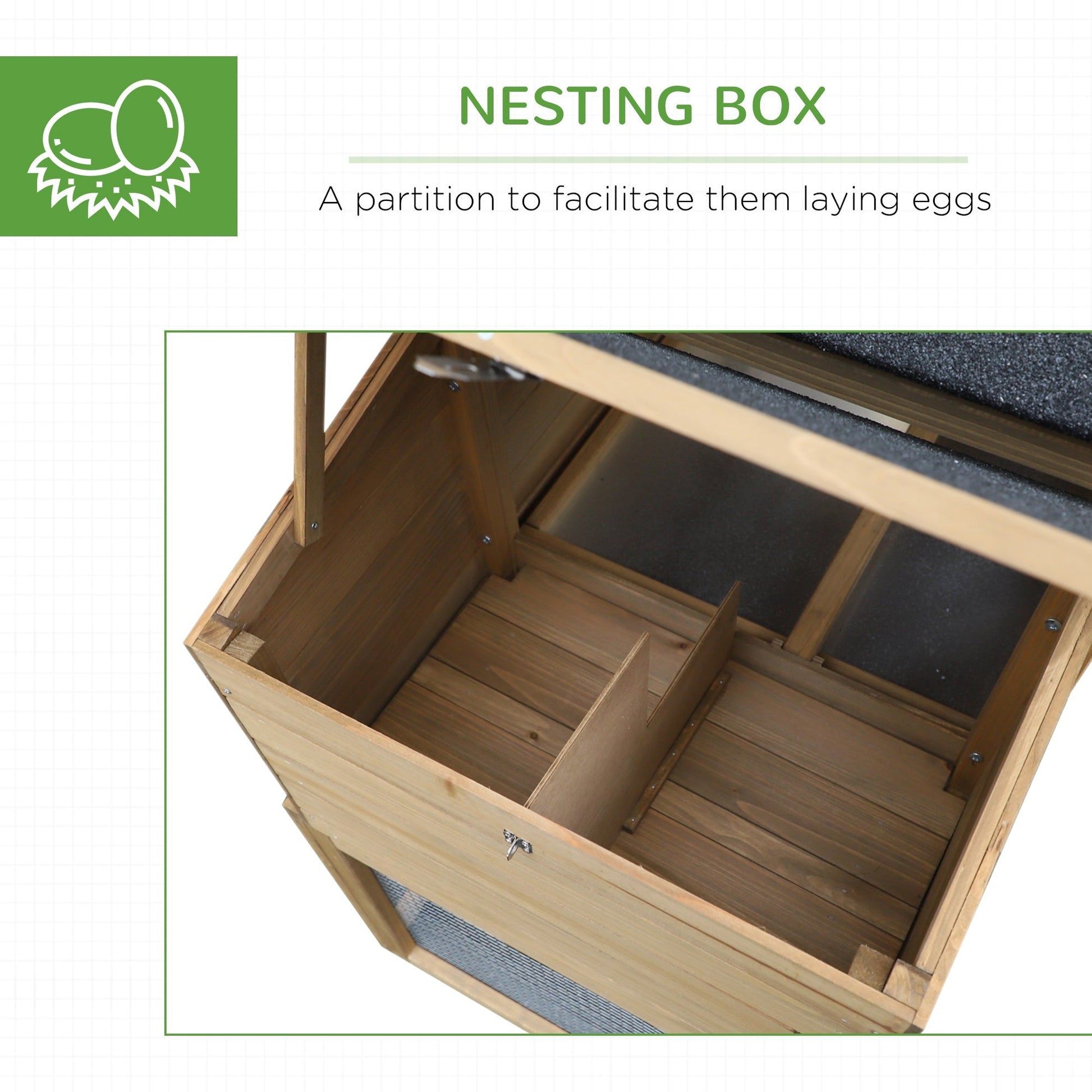HKM-2620349 Wooden Chicken Coop with Ramp, Removable Tray, Ventilated Window, and Nesting Box - Natural Finish, 69"