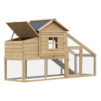 HKM-2620349 Wooden Chicken Coop with Ramp, Removable Tray, Ventilated Window, and Nesting Box - Natural Finish, 69"