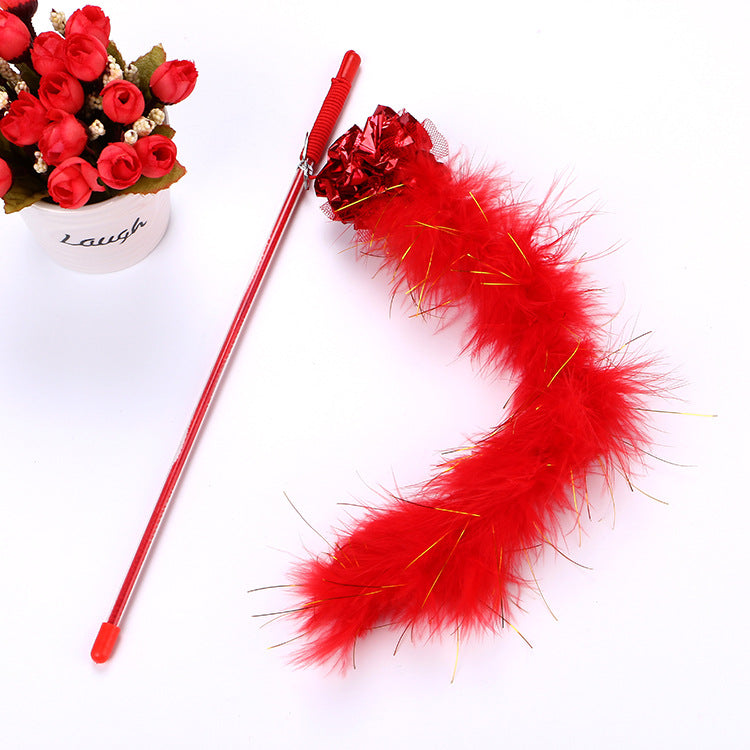 HKM-2623933 Interactive Feather Cat Teaser Wand with Crinkle Ball, 30cm Sparkly Stick for Indoor Play and Exercise