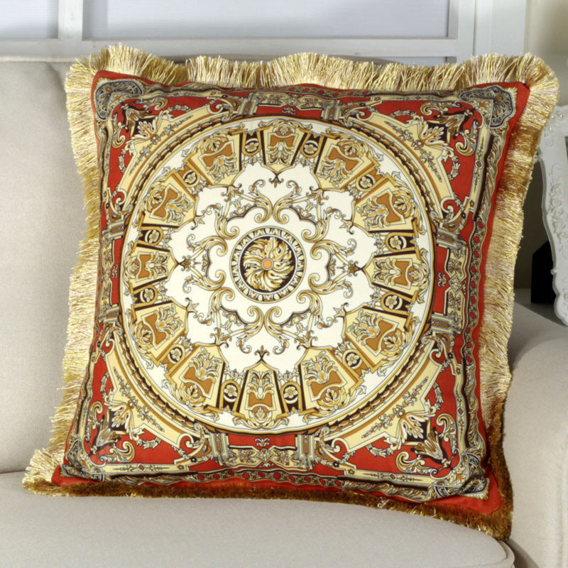HKM-262419 Fringed Gold Velvet Cushion Cover with Tassel Detail