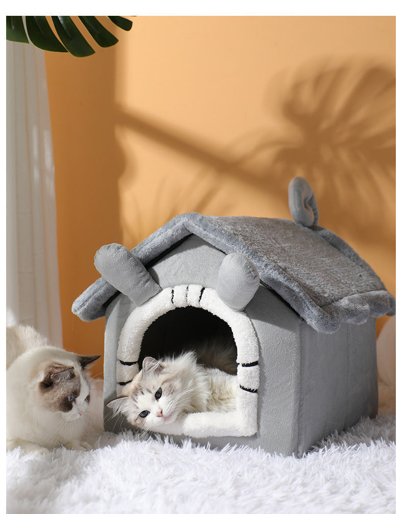 HKM-2626493 Thickened Semi-closed Pet Nest with Removable Coral Fleece Cushion for Long-eared Cats