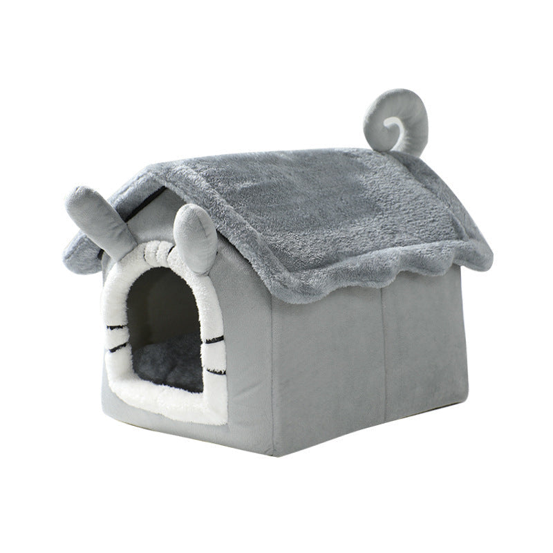 HKM-2626493 Thickened Semi-closed Pet Nest with Removable Coral Fleece Cushion for Long-eared Cats