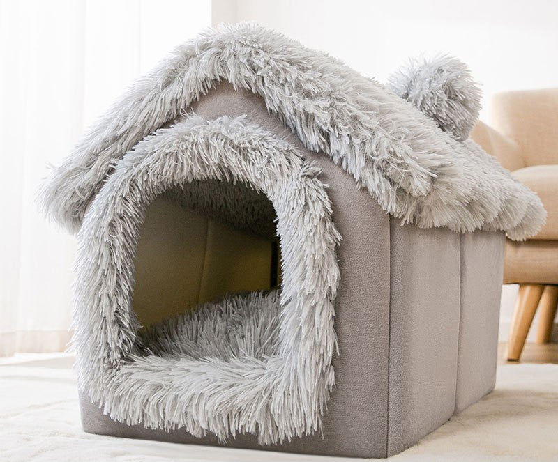 HKM-2626493 Thickened Semi-closed Pet Nest with Removable Coral Fleece Cushion for Long-eared Cats