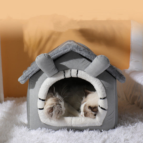 HKM-2626493 Thickened Semi-closed Pet Nest with Removable Coral Fleece Cushion for Long-eared Cats