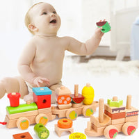 HKM-262675 Wooden 3D Fruit Train Puzzle for Kids - Educational DIY Toy with Geometric Blocks, Ages 2-4