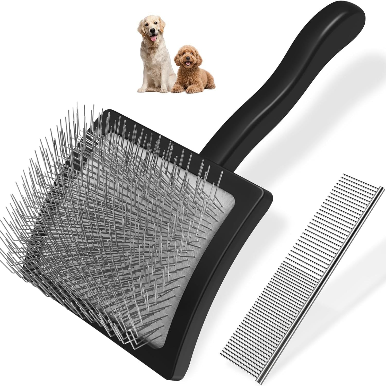 HKM-2628029 Pet Rake Brush and Straight Comb Set for Dogs - Rubber Handle with Stainless Steel Needles
