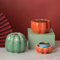 HKM-2628413 Ceramic Cat and Dog Bowl - Pumpkin Design in Orange and Green