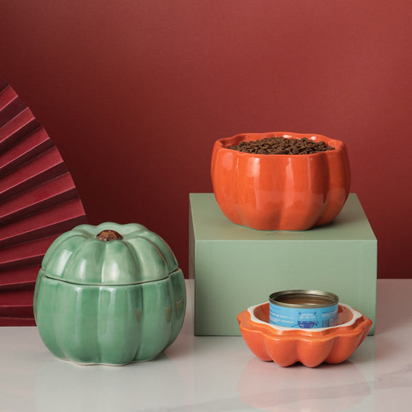 HKM-2628413 Ceramic Cat and Dog Bowl - Pumpkin Design in Orange and Green