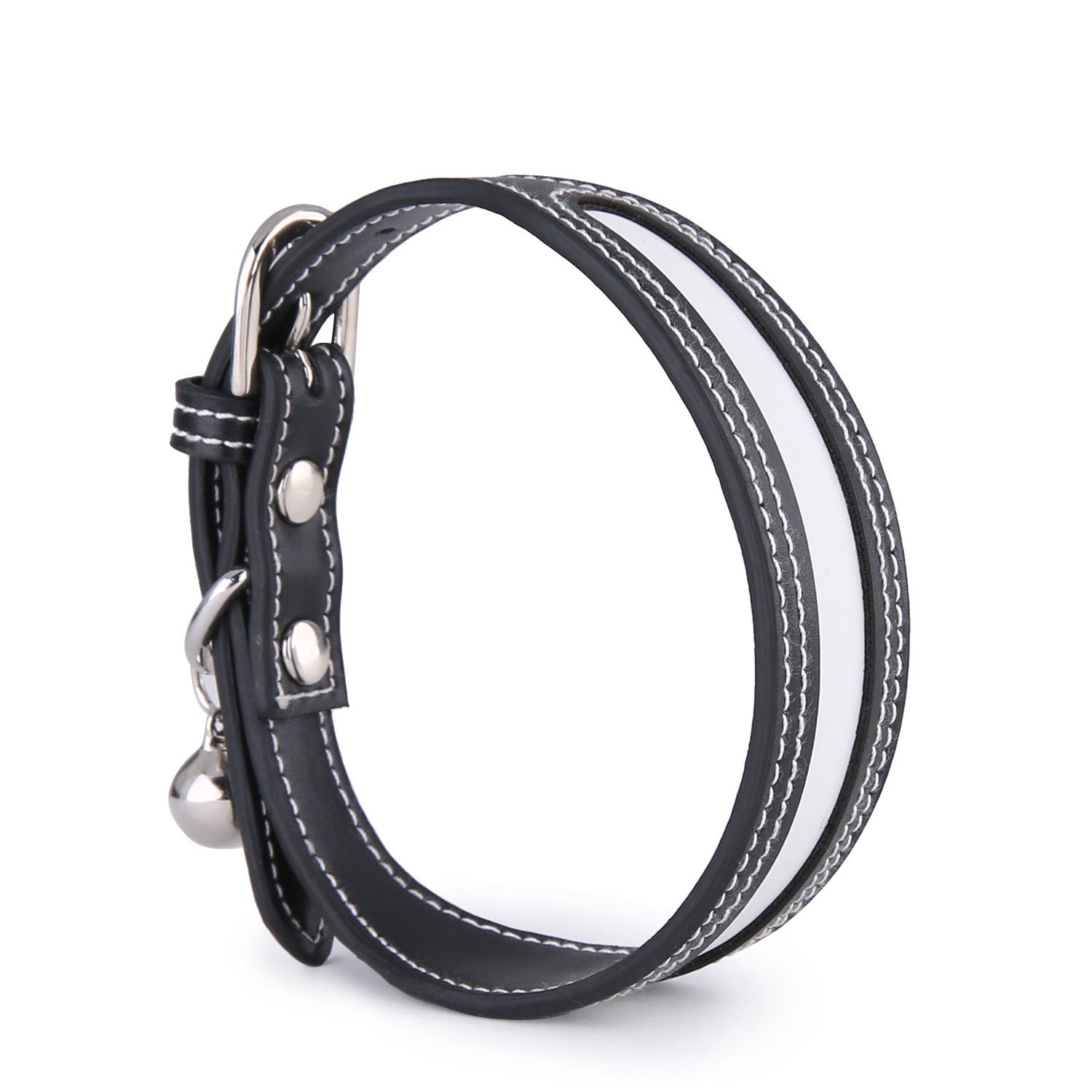 HKM-2634173 Reflective Adjustable Pet Collar with Bell for Cats and Dogs, Color Matching Design - Red and Black, PU Material