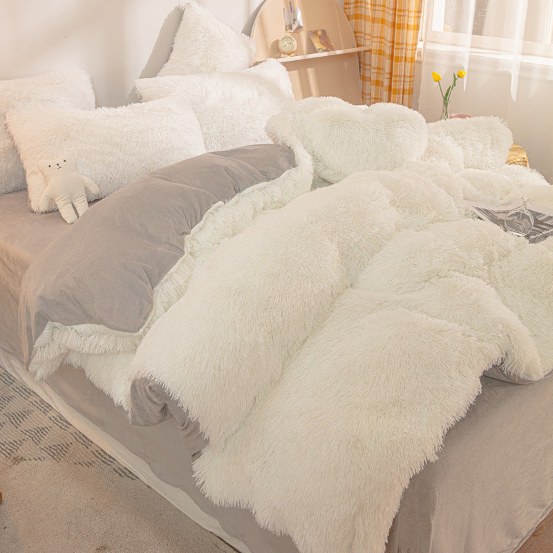 HKM-263571 Thick Warm Mink Fur Plush 4-Piece Bedding Set with Tie-Dyed Design and Rhinestone Accents
