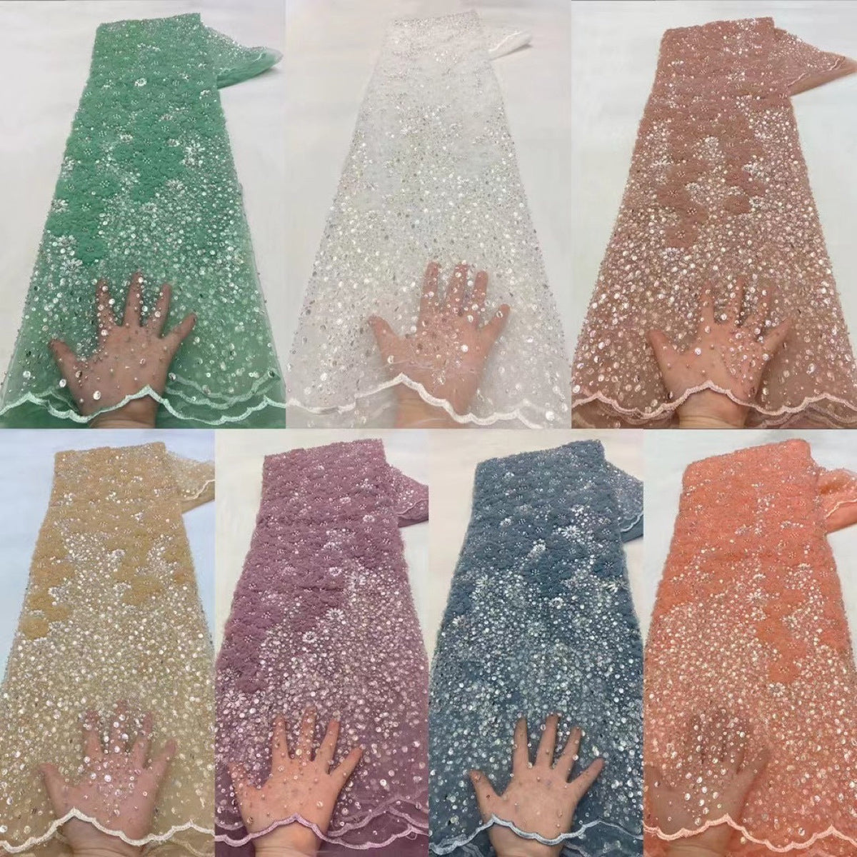 HKM-264083 Embroidered Mesh 3D Dress Fabric with Beads - 5 Yards in Various Colors