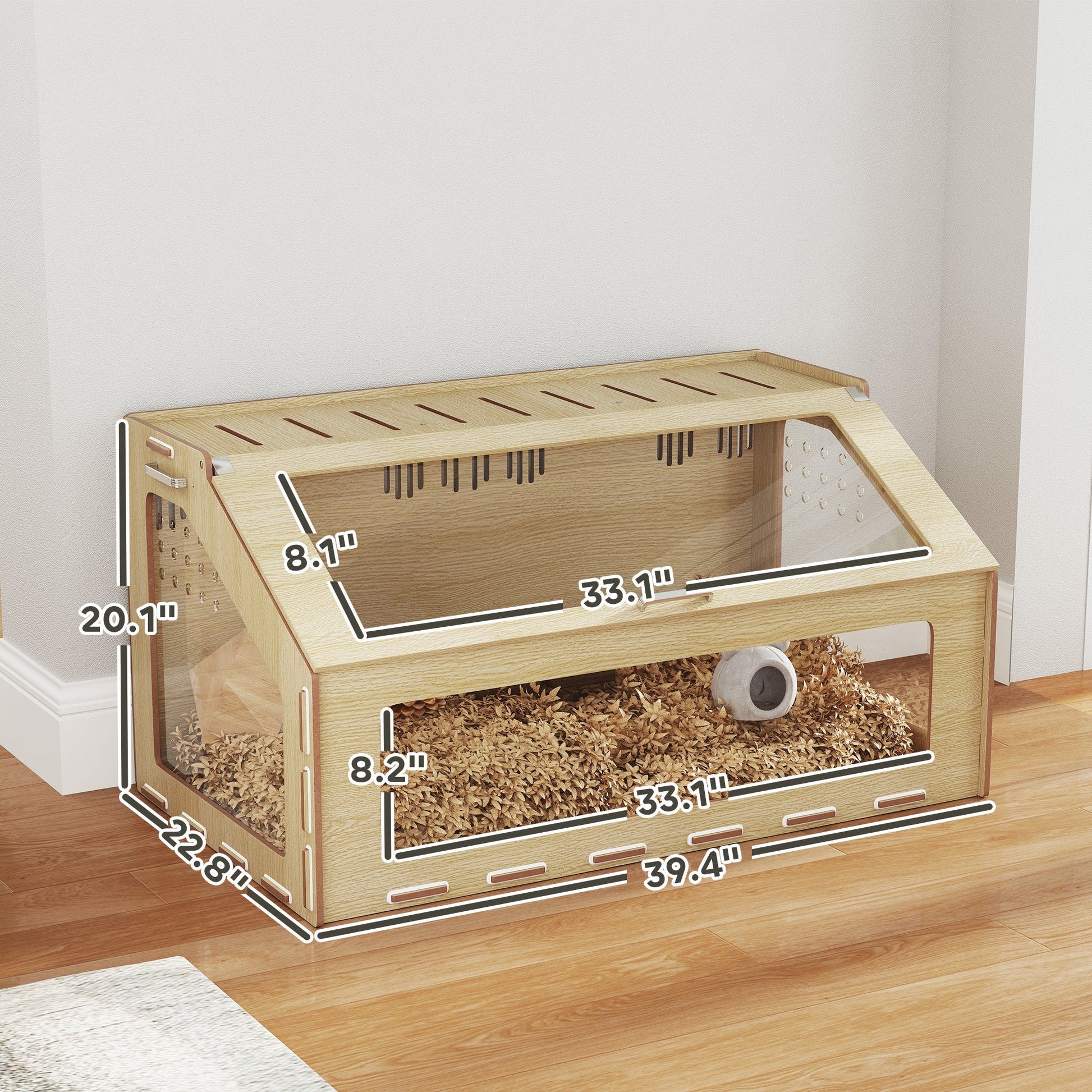 HKM-2641597 39 Inch Hamster Cage with Acrylic Windows and Inclined Top for Dwarf Hamster, Gerbil, Guinea Pig, and Rat - Oak Color