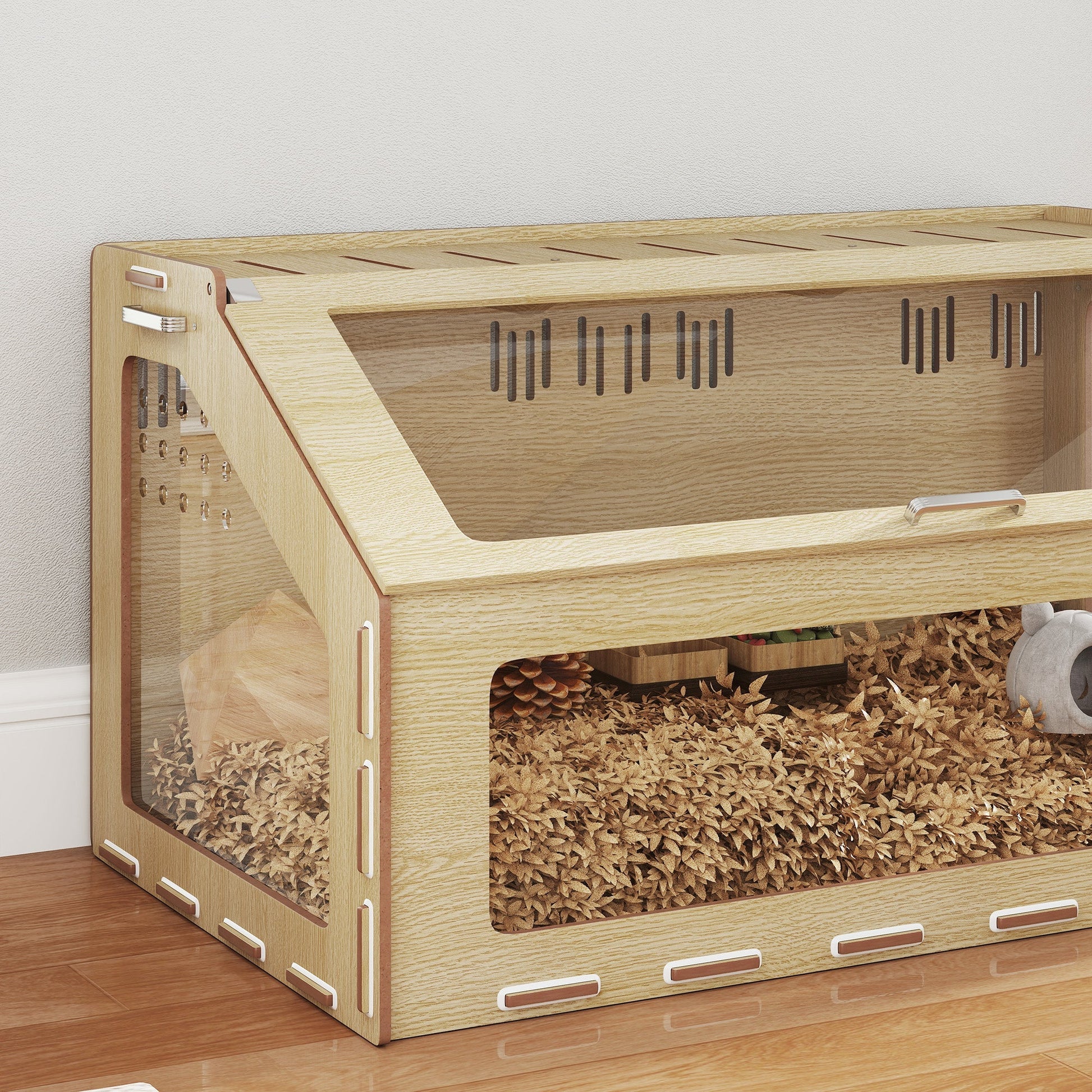 HKM-2641597 39 Inch Hamster Cage with Acrylic Windows and Inclined Top for Dwarf Hamster, Gerbil, Guinea Pig, and Rat - Oak Color