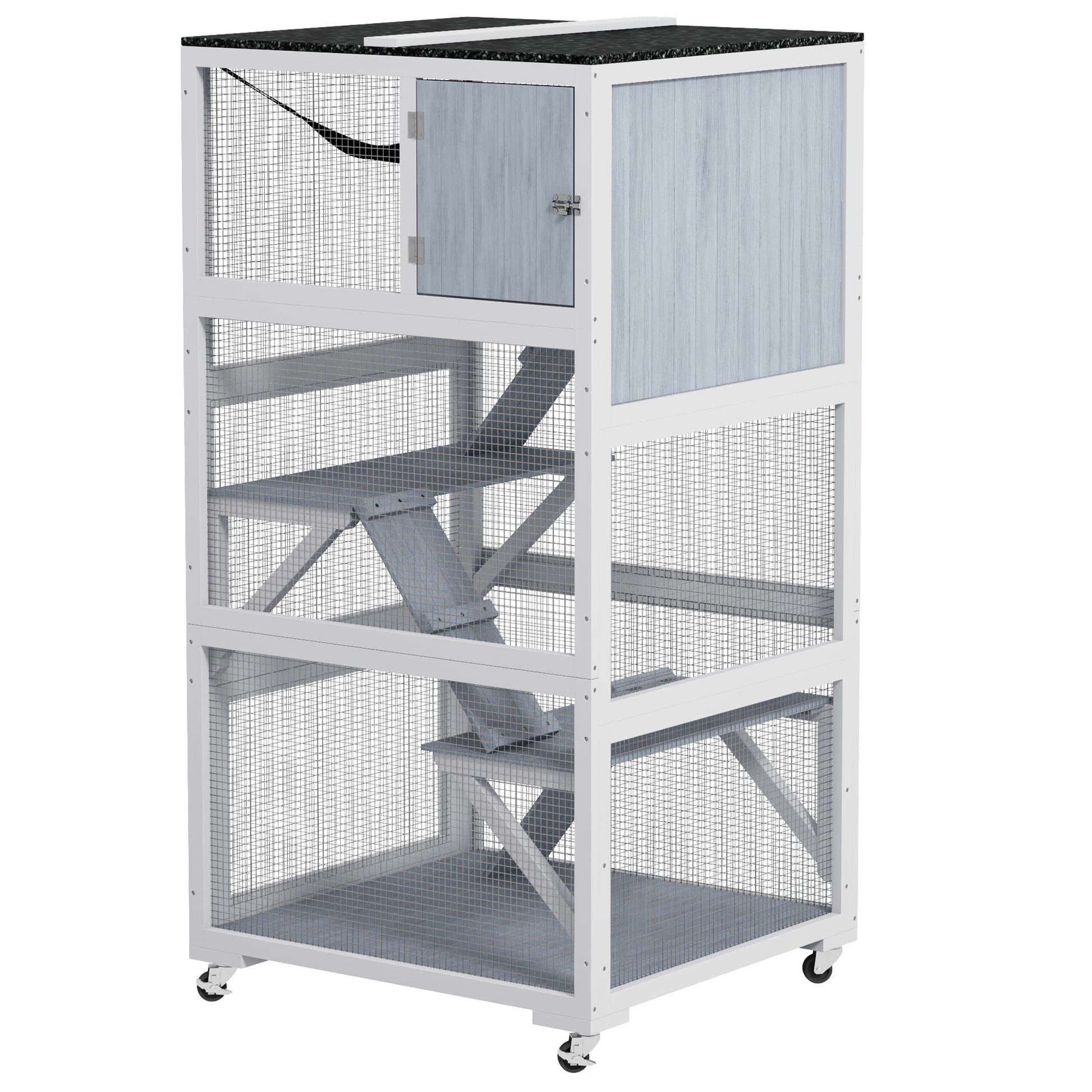 HKM-2641981 Gray Outdoor Cat Enclosure on Wheels with Hammock and Ramps for Cats up to 12 lbs